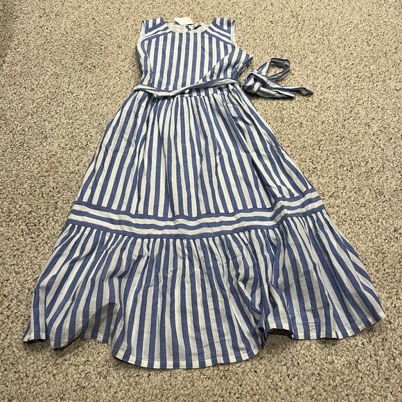 NWT J Crew Sleeveless Tie Waist Stripe Midid Dress Sz 4 Blue White Nautical - Picture 2 of 6